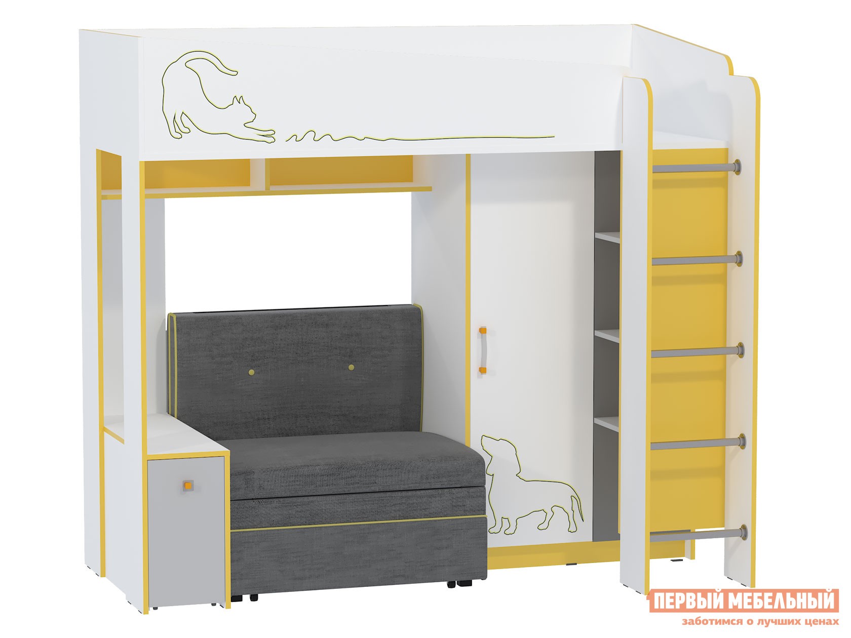 Кровать-чердак  Альфа Солнечный Свет / Темно-серый / Белый премиум / Стальной Серый , С диваном