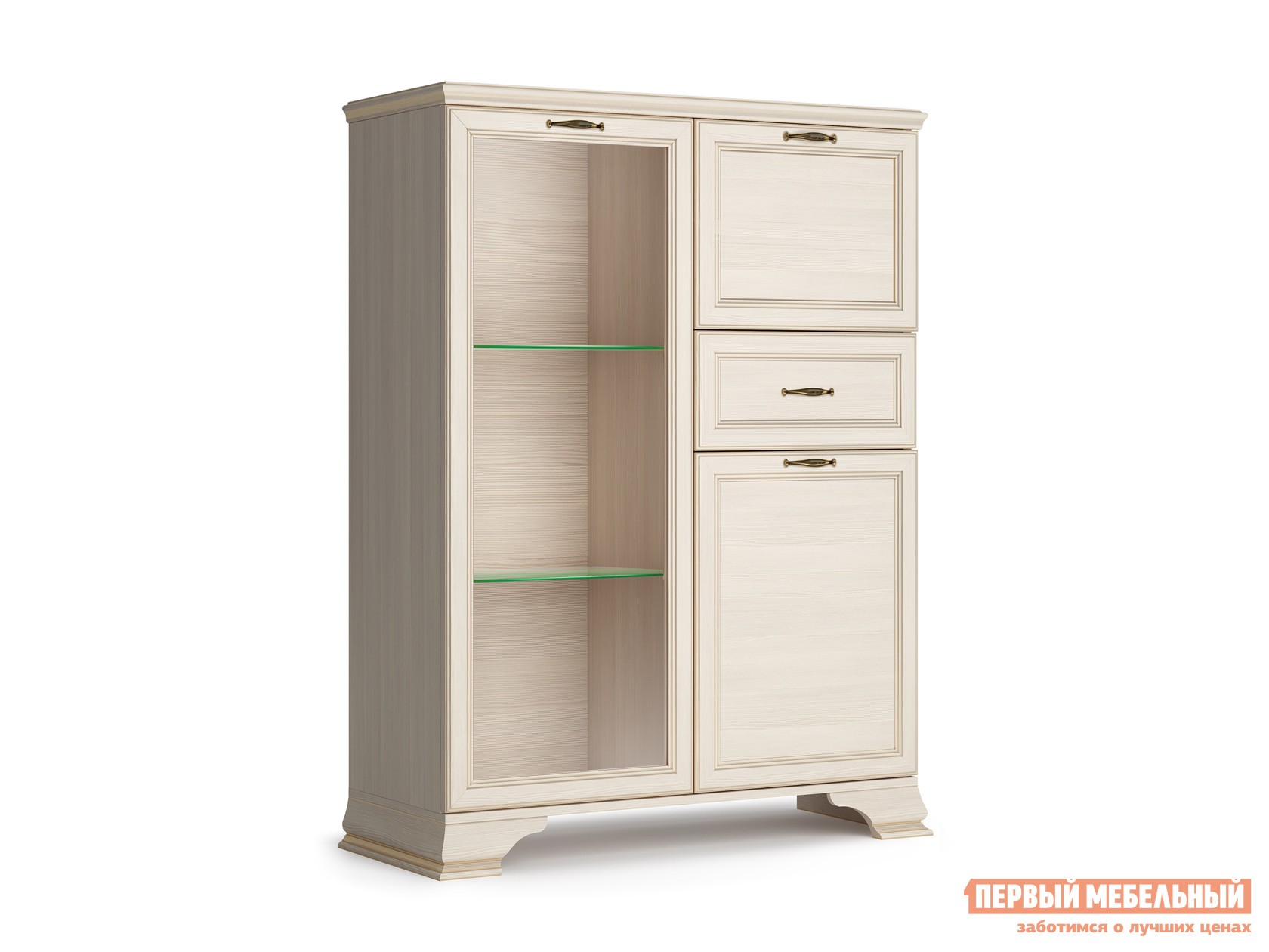 Шкаф-витрина  Сиена Бодега белый, патина золото, Со стеклополками