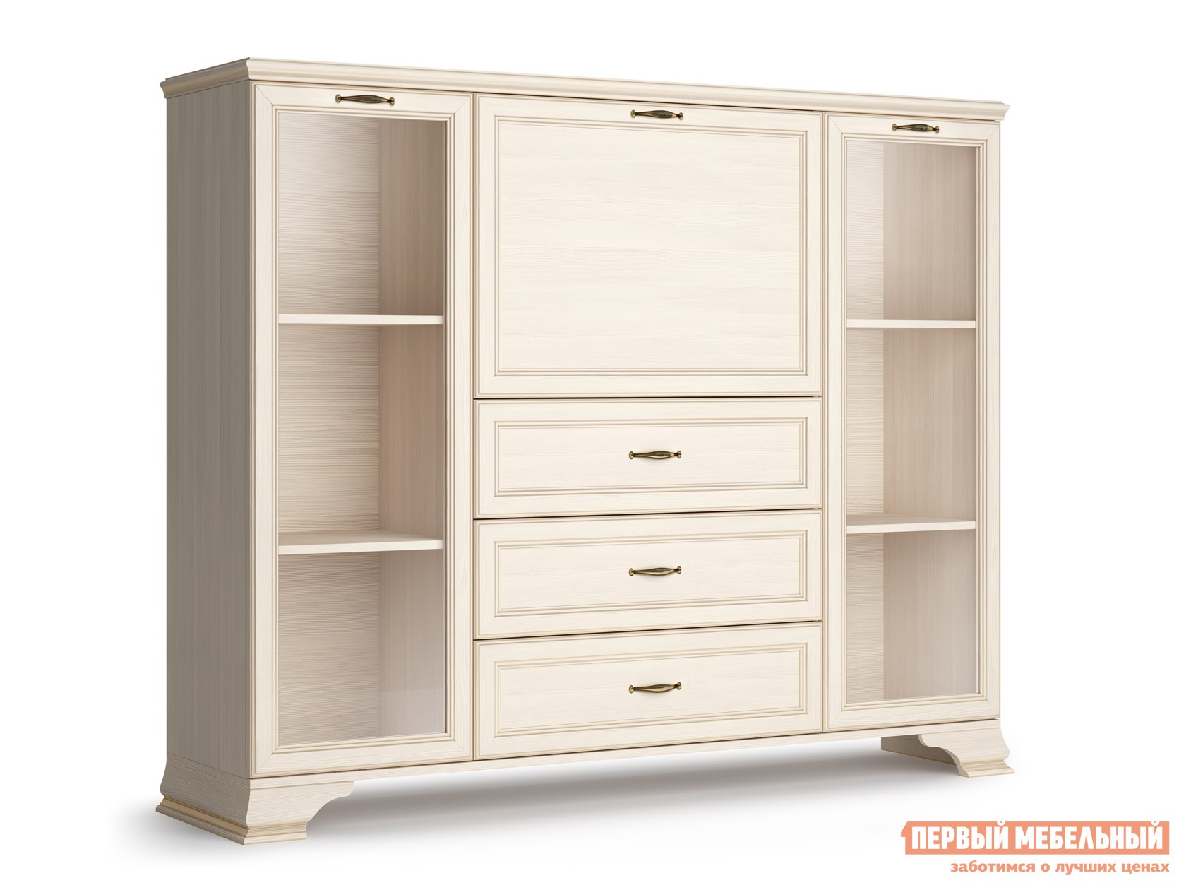 Шкаф-витрина  Сиена Бодега белый, патина золото, Без стеклополок