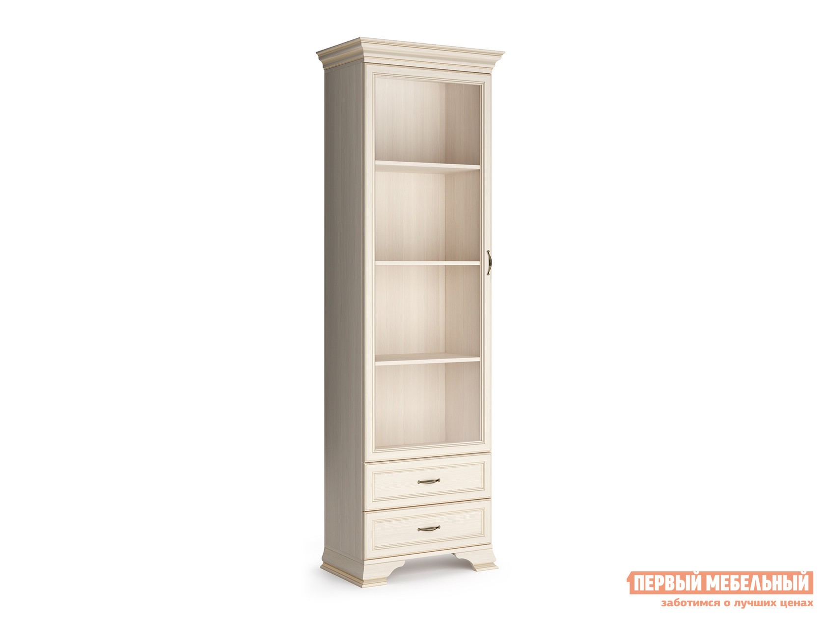 Шкаф-витрина  Сиена Бодега белый, патина золото, Без стеклополок