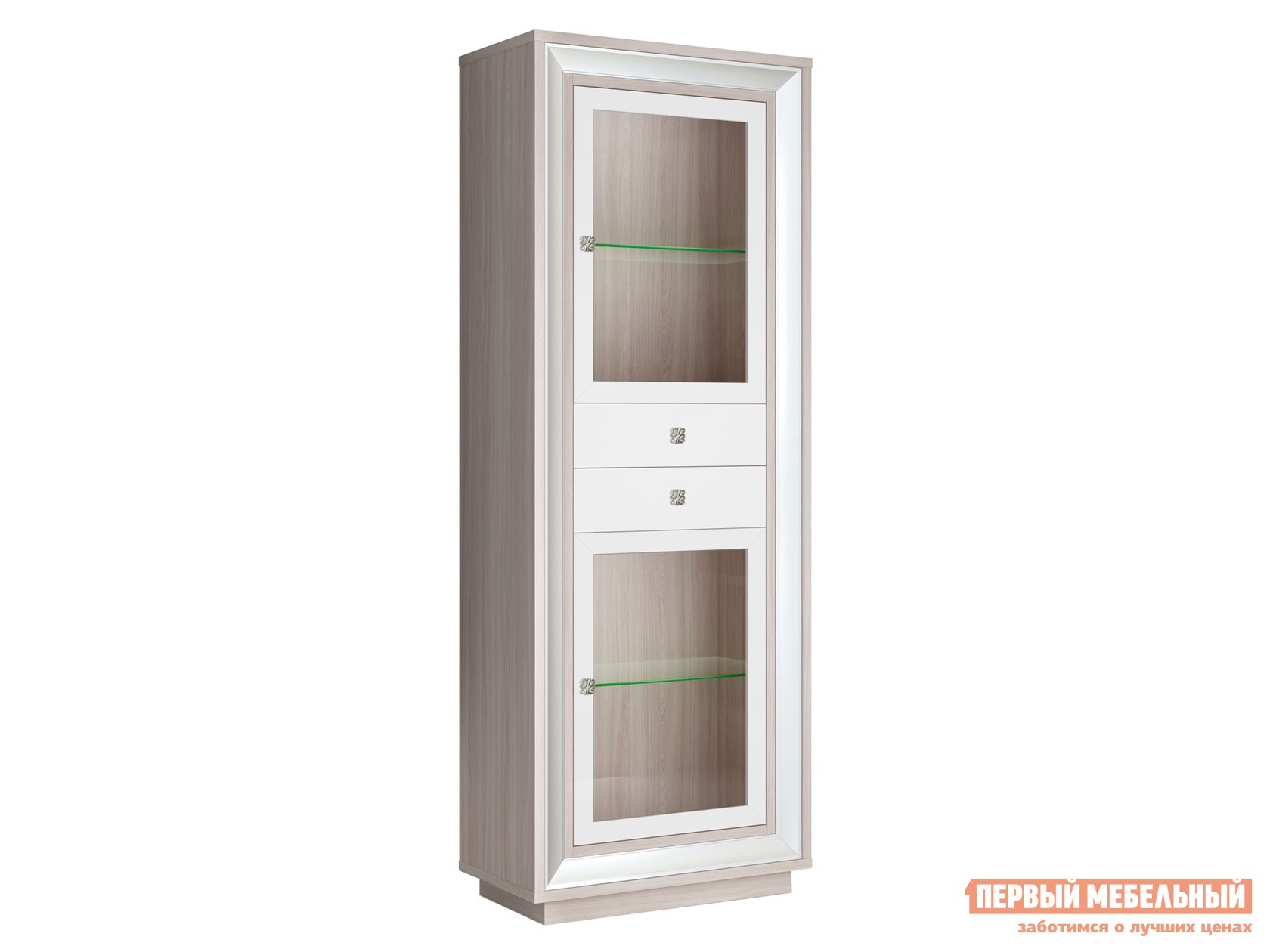 Шкаф-витрина  Прато Ясень Шимо светлый / Жемчуг, С подсветкой