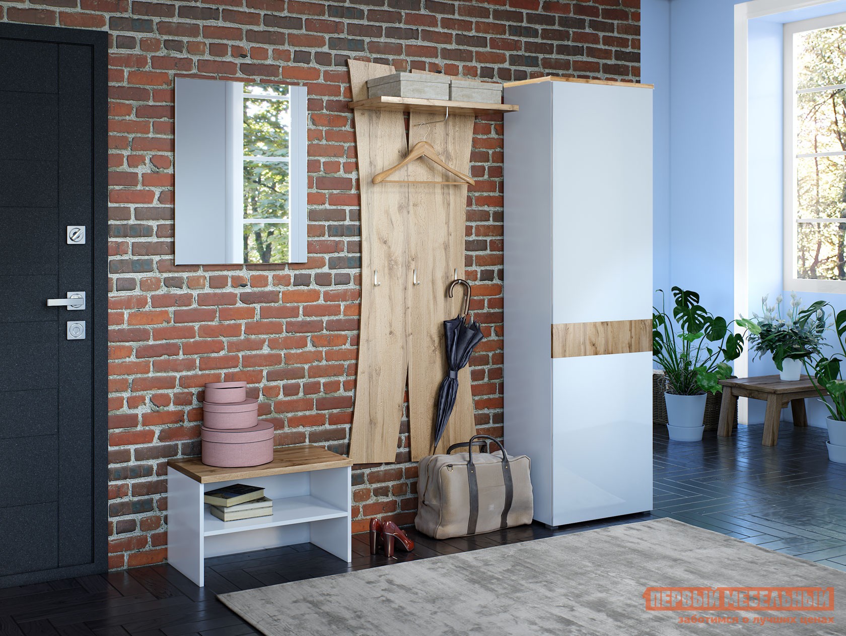 Прихожая  Сахара Дуб Ватан / Белый лак, С топом-накладкой