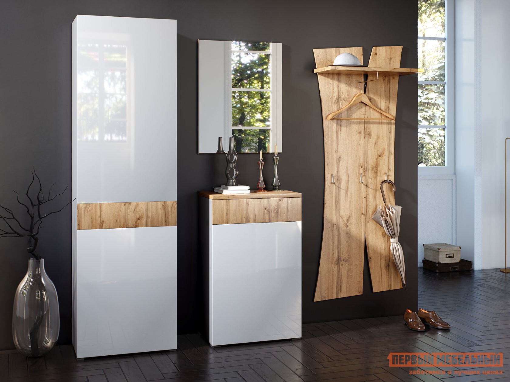 Прихожая  Сахара Дуб Ватан / Белый лак, Без топа-накладки