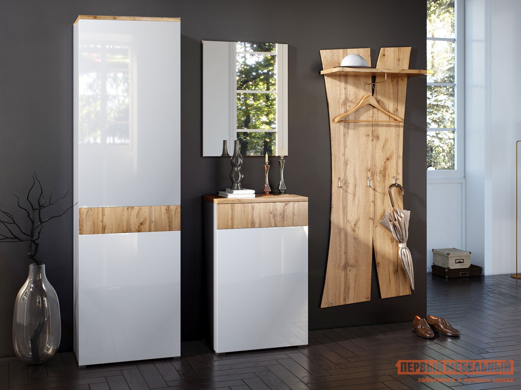 Прихожая  Сахара Дуб Ватан / Белый лак, С топом-накладкой