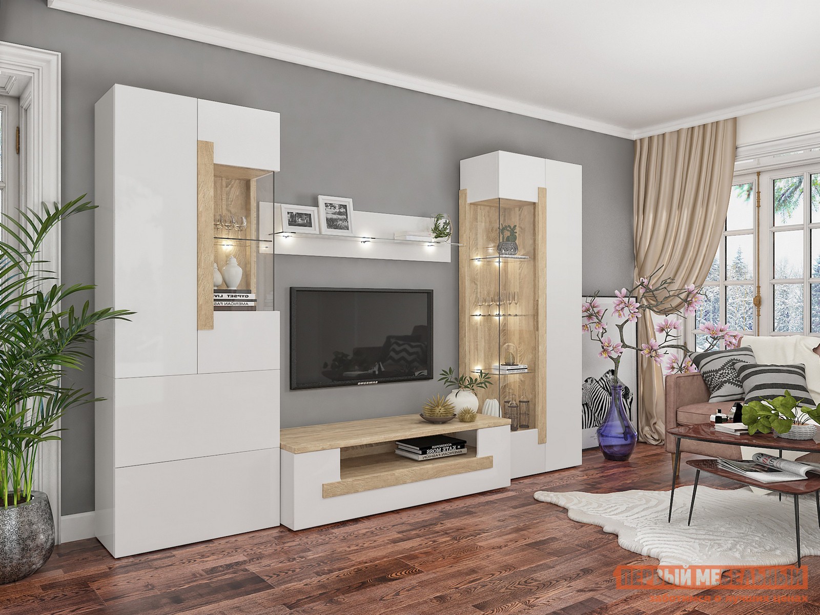 Гостиная  Куба Дуб Сонома / Белый глянец, С подсветкой