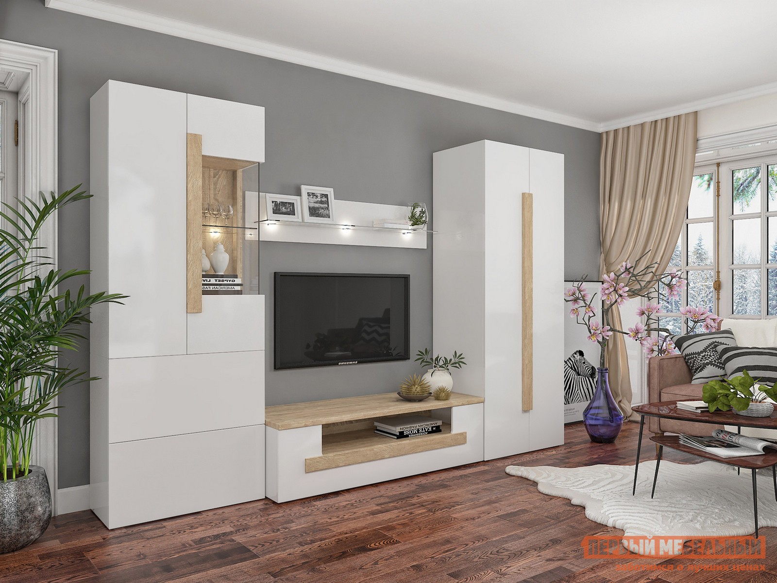 Гостиная  Куба Дуб Сонома / Белый глянец, С подсветкой