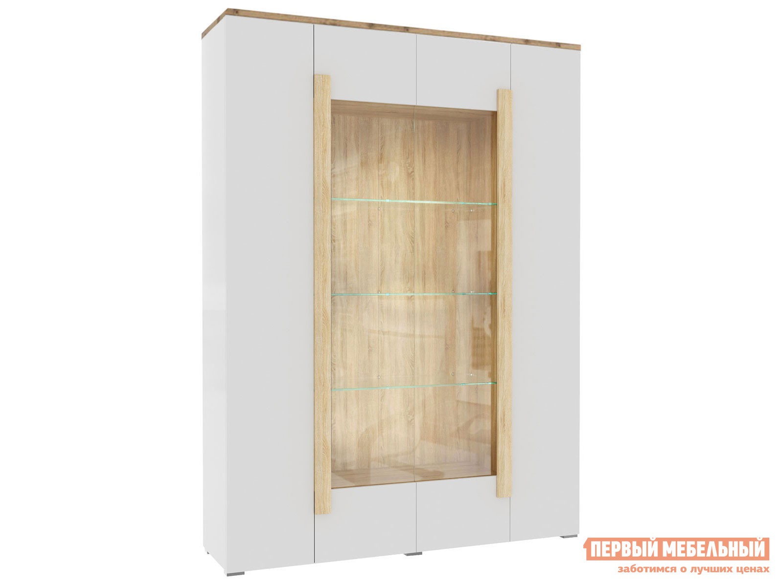 Шкаф-витрина  Куба Дуб Сонома / Белый глянец, С топом-накладкой, С подсветкой