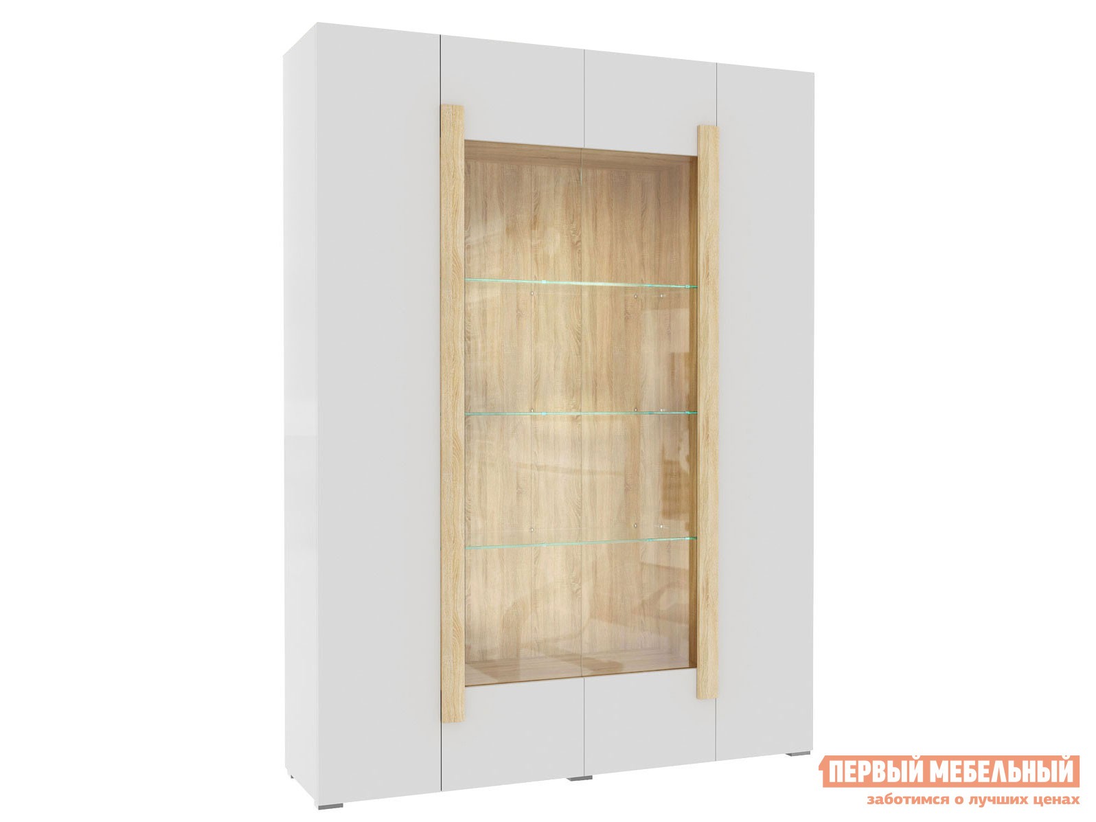 Шкаф-витрина  Куба Дуб Сонома / Белый глянец, Без топа-накладки, С подсветкой