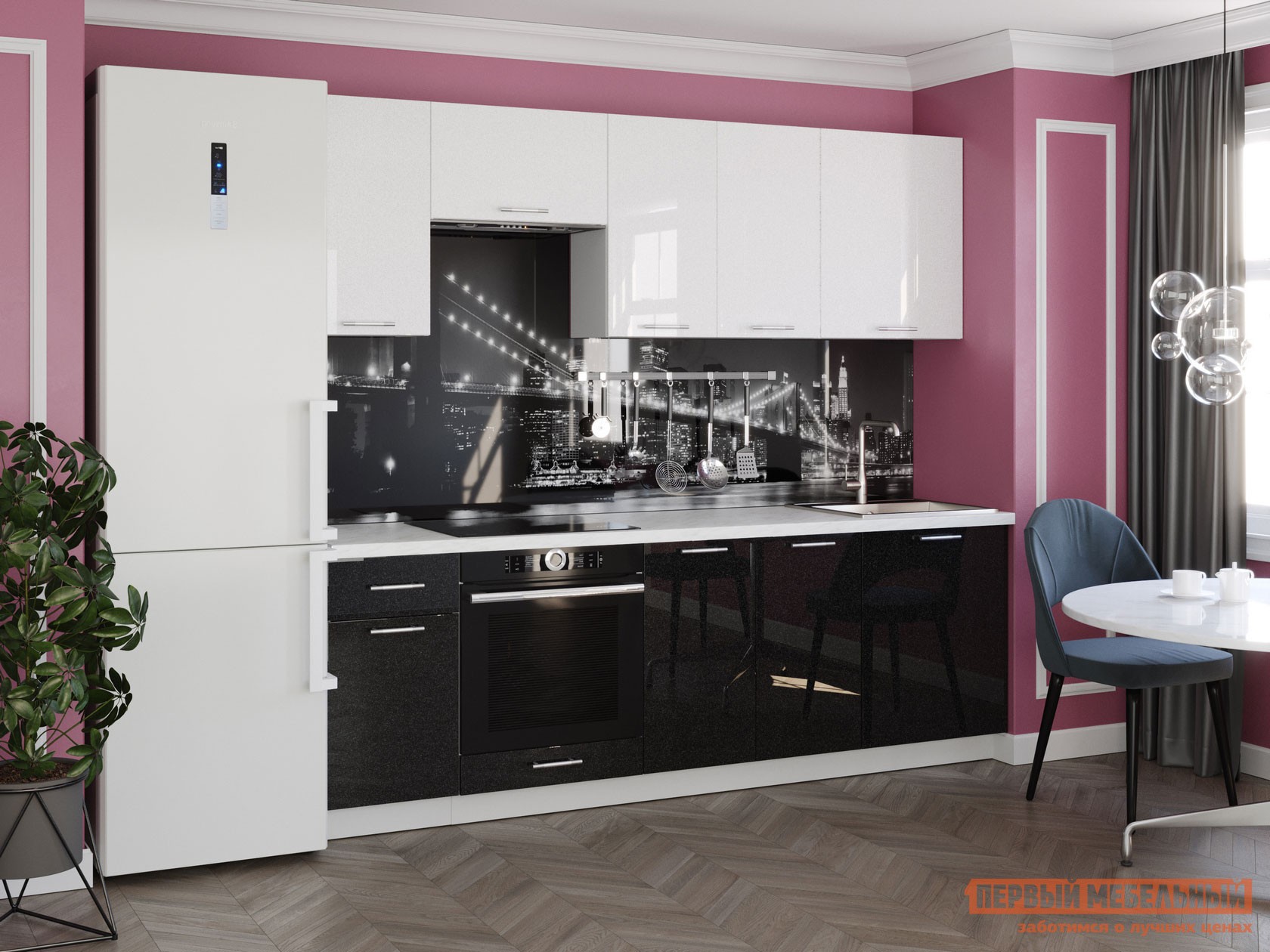 Кухонный гарнитур  Одри 240 см Белый металлик / Черный металлик