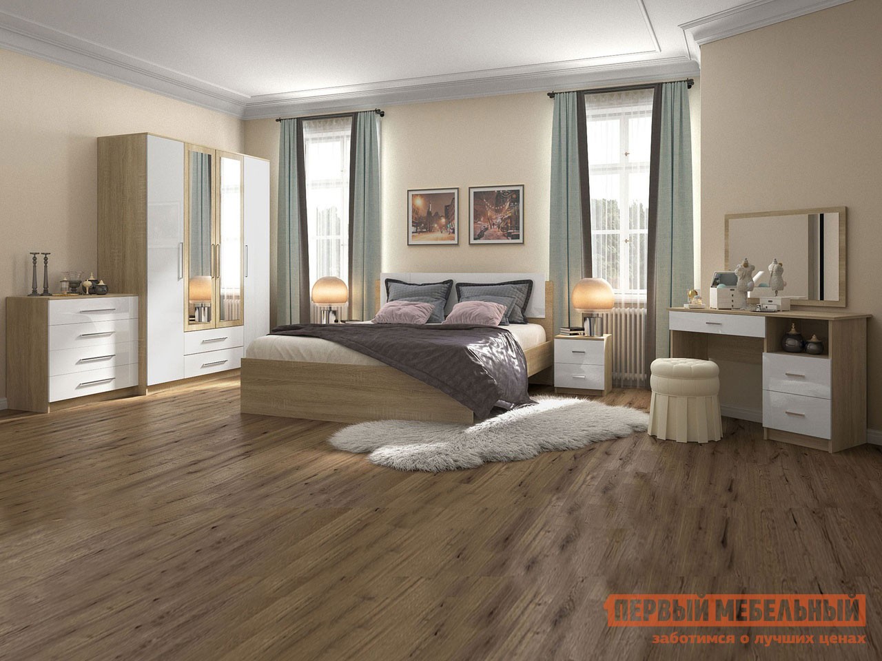 Спальный гарнитур  Марика 1 Дуб Сонома / Белый глянец, 1400 х 2000 мм