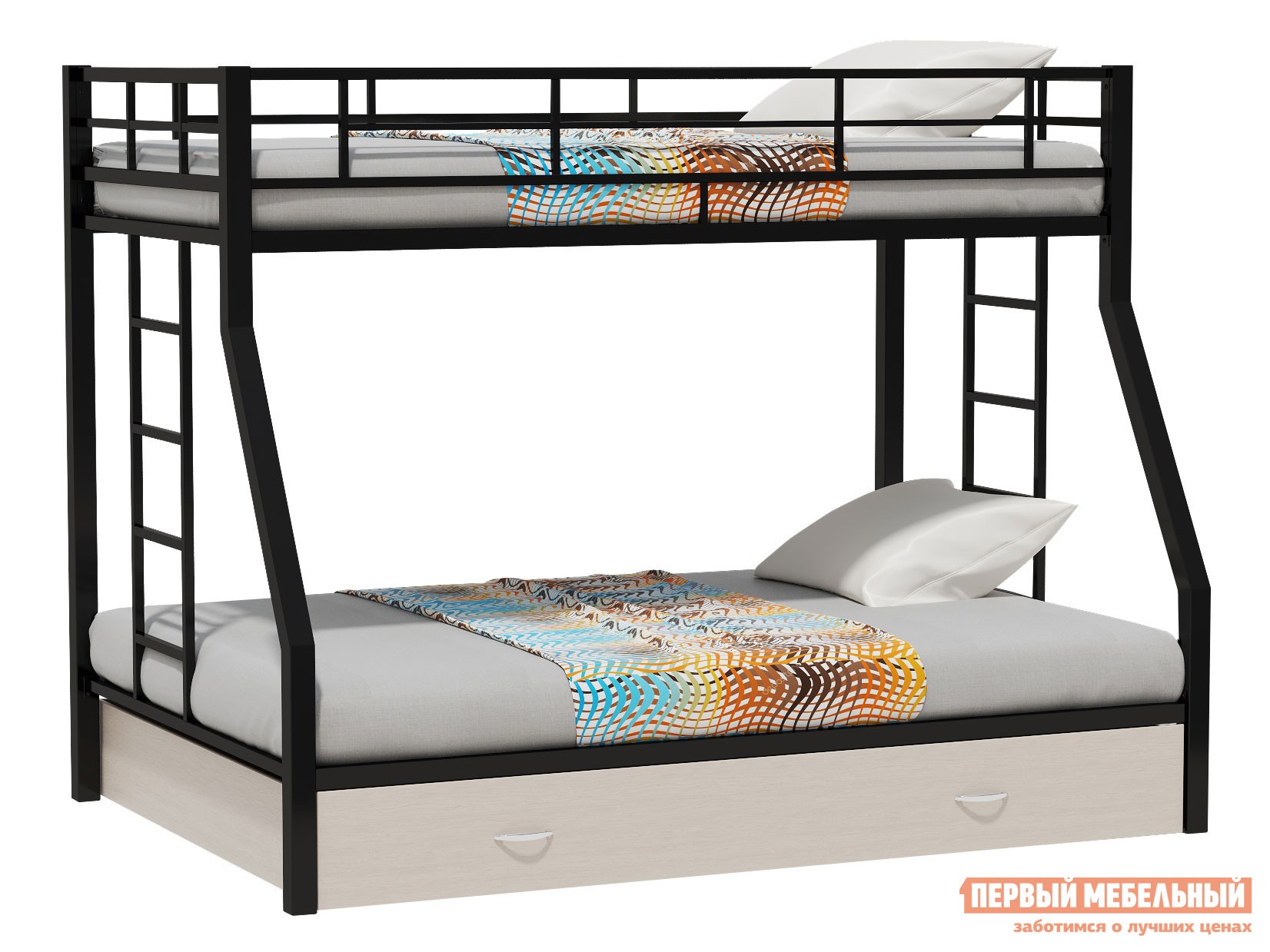 Двухъярусная кровать  Гранада Черный / Молочный дуб, С ящиком