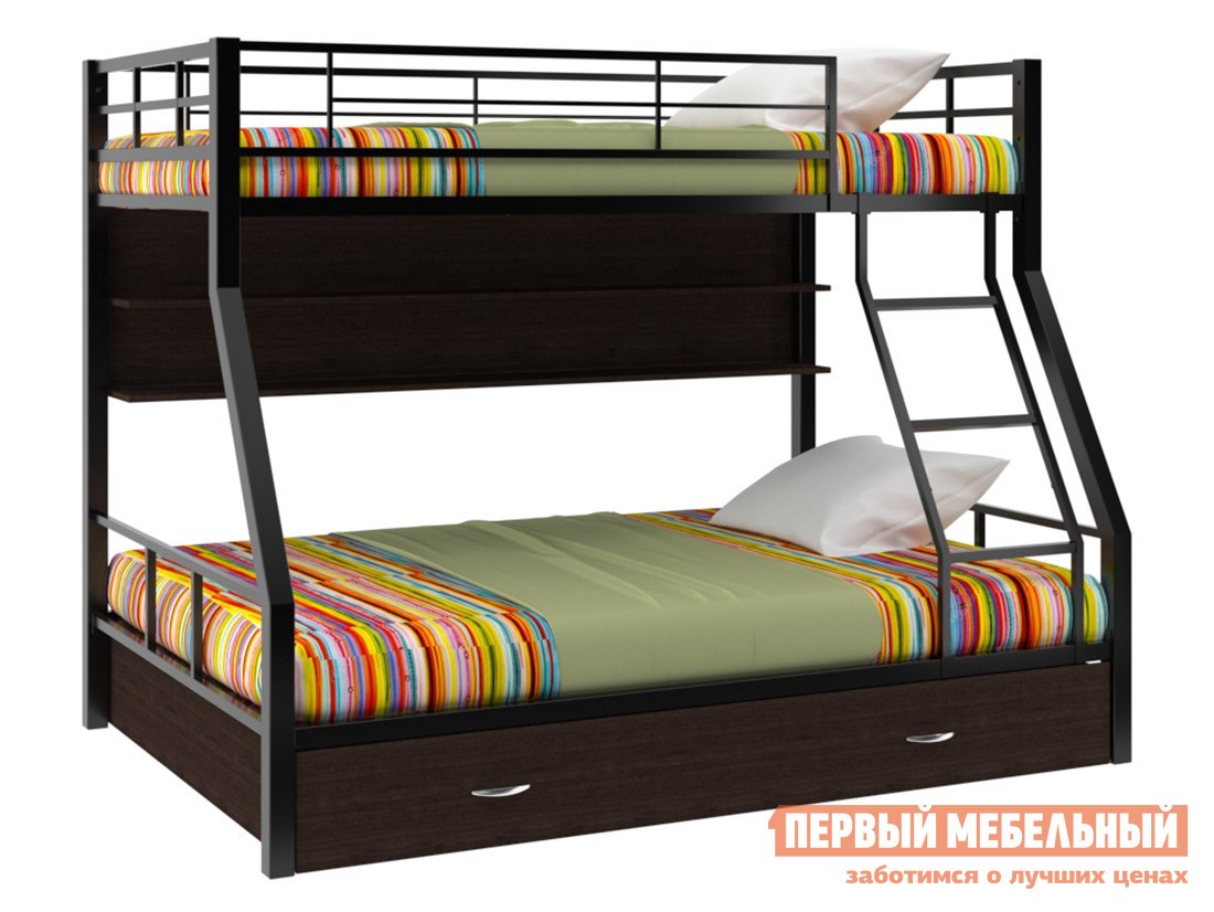 Двухъярусная кровать  Гранада 1 Черный / Венге, С полкой и ящиком