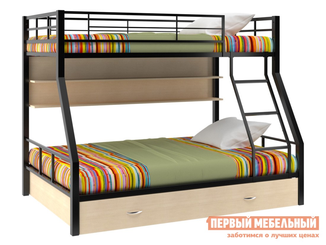 Двухъярусная кровать  Гранада 1 Черный / Молочный дуб, С полкой и ящиком