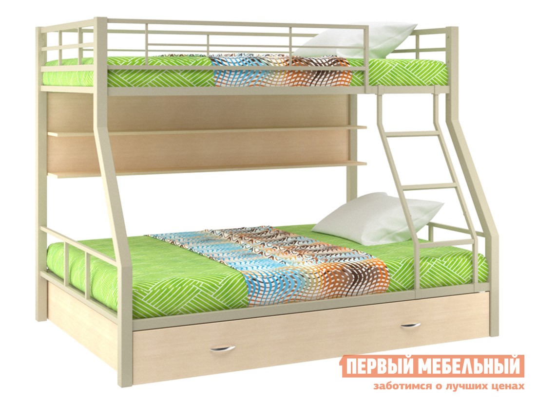 Двухъярусная кровать  Гранада 1 Бежевый / Молочный дуб, С полкой и ящиком