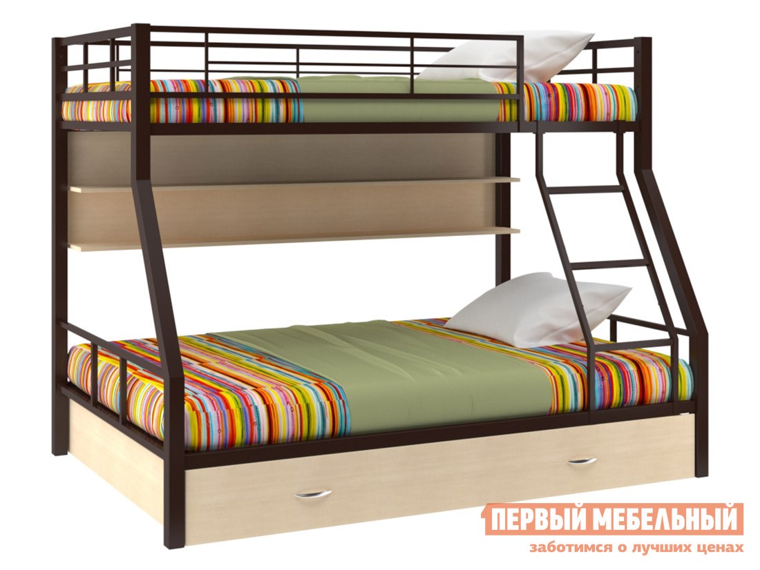 Двухъярусная кровать  Гранада 1 Коричневый / Молочный дуб, С полкой и ящиком