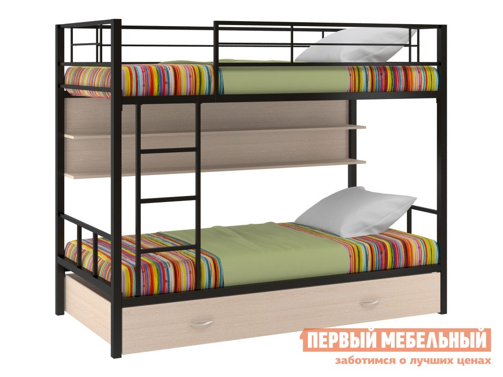 Двухъярусная кровать  Севилья 2 Черный / Молочный дуб, С полкой и ящиком