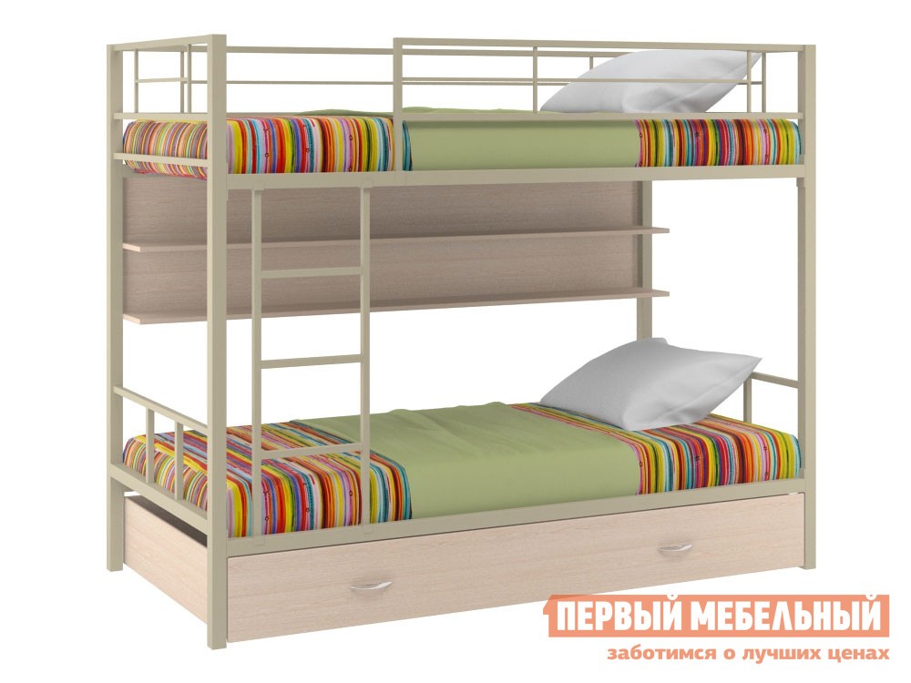 Двухъярусная кровать  Севилья 2 Бежевый / Молочный дуб, С полкой и ящиком