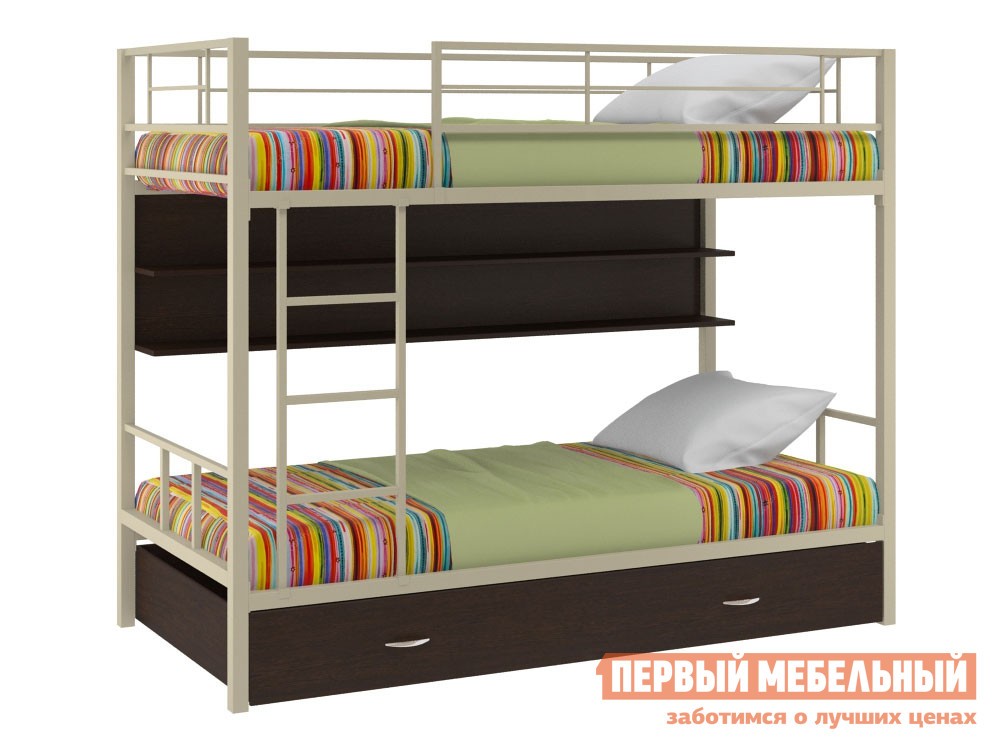 Двухъярусная кровать  Севилья 2 Бежевый / Венге, С полкой и ящиком