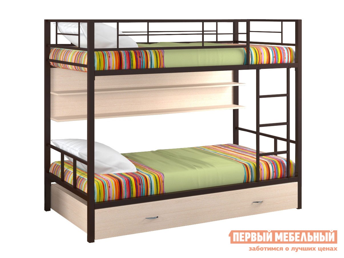 Двухъярусная кровать  Севилья 2 Коричневый / Молочный дуб, С полкой и ящиком