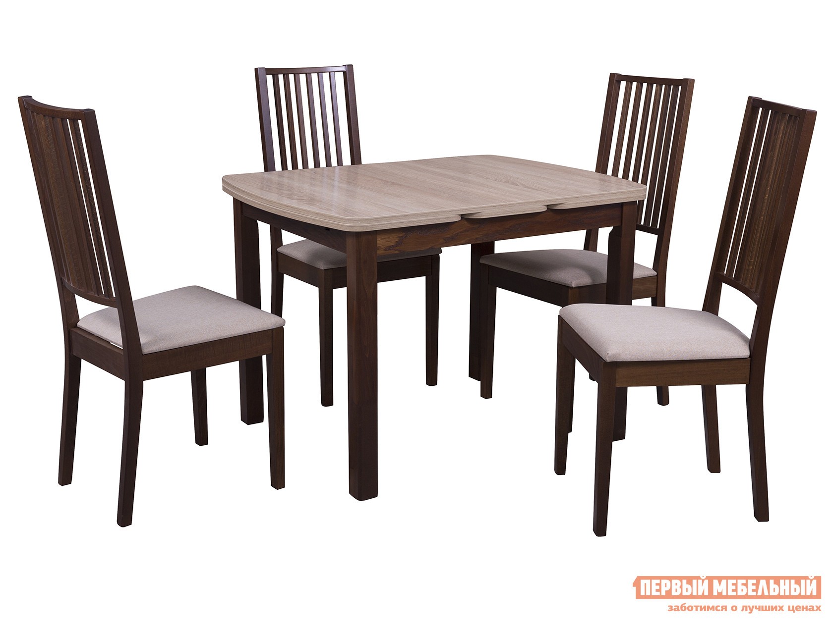 Обеденная группа для столовой и гостиной  Орлеан + 4 стула Родос Орех темный / Дуб Сонома / Ткань бежевая