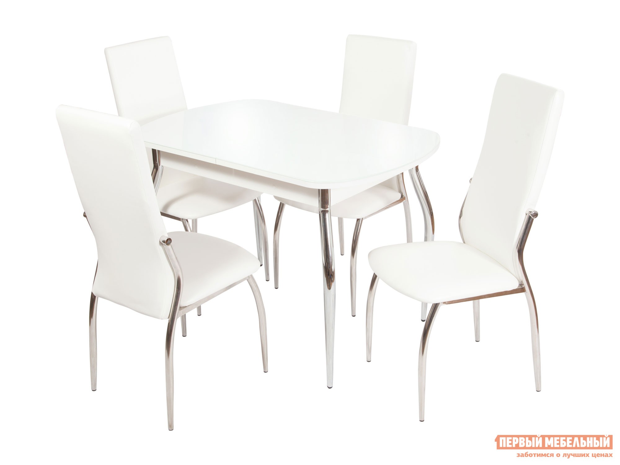 Обеденная группа для столовой и гостиной  Ривьера + 4 стула Мартини Стекло Белое / ЛДСП Белая