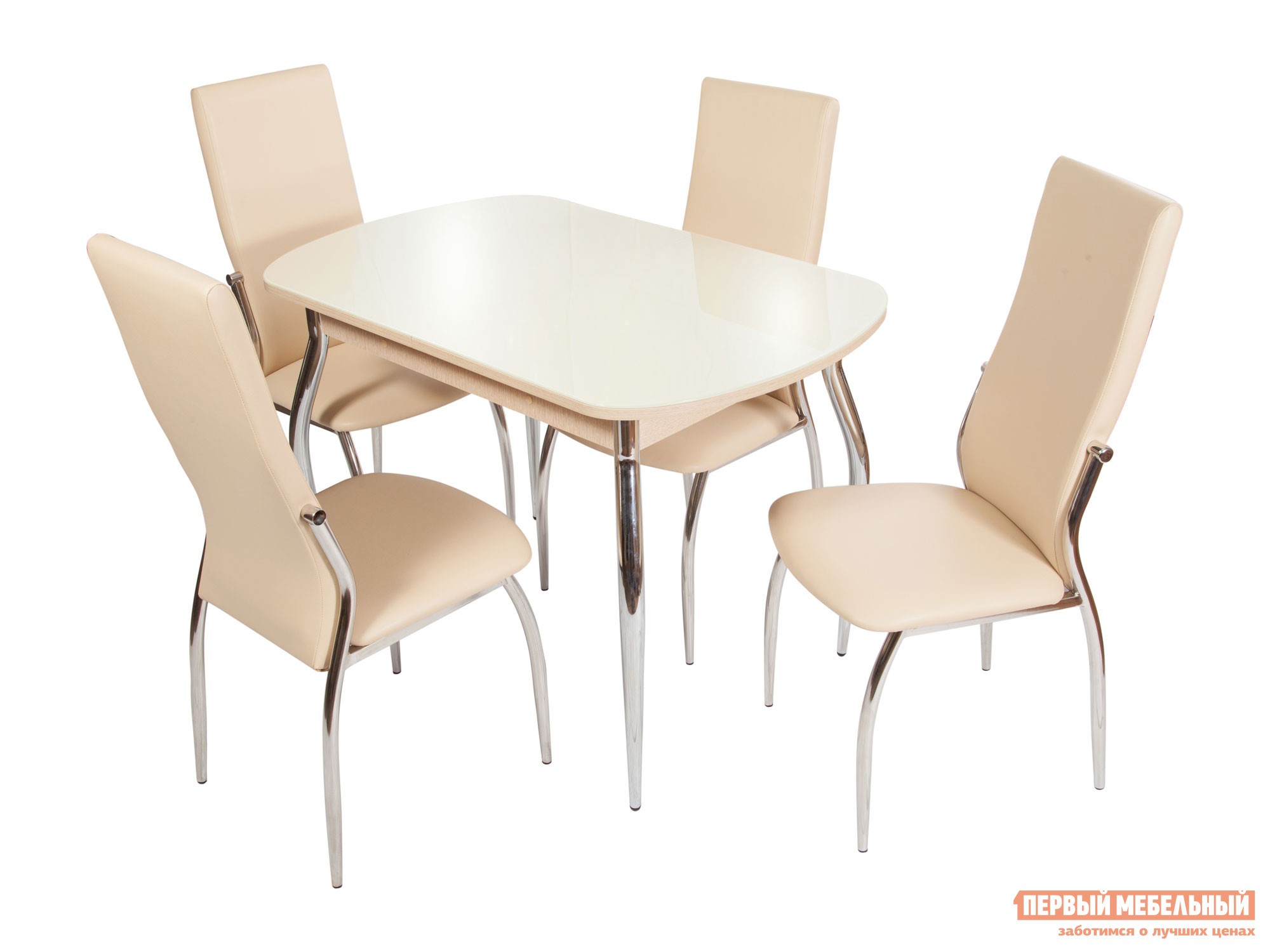 Обеденная группа для столовой и гостиной  Ривьера + 4 стула Мартини Стекло Молочное / ЛДСП Дуб выбеленный
