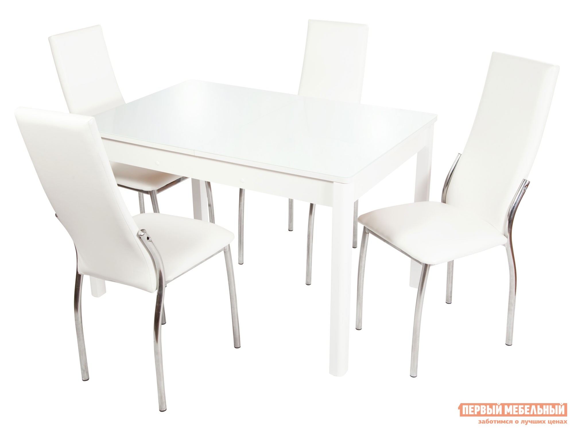 Обеденная группа для столовой и гостиной  Гамбург + 4 стула Асти Аврора вайт, экокожа / Белый, ЛДСП / Белый, стекло
