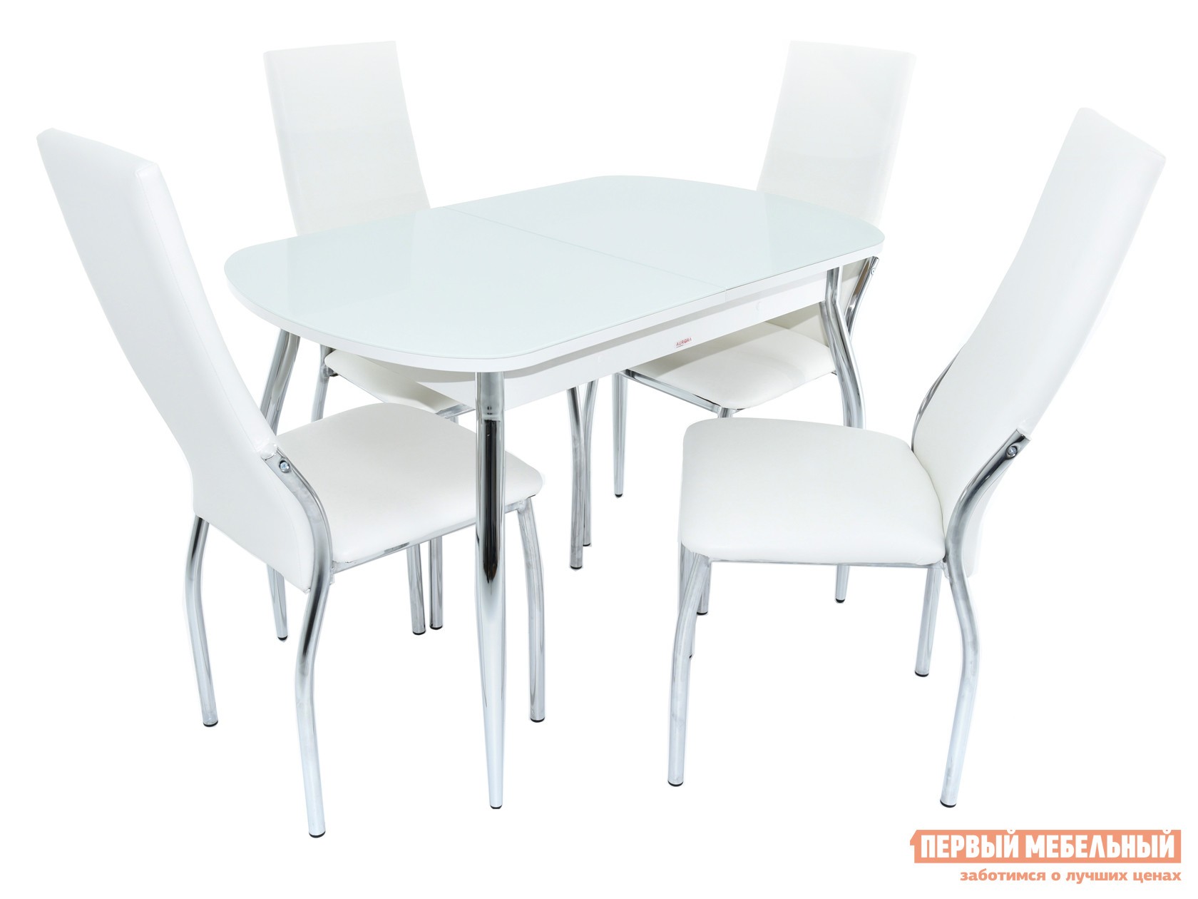 Обеденная группа для столовой и гостиной  Ривьера + 4 стула Асти Аврора вайт, экокожа / Белый, ЛДСП / Белый, стекло