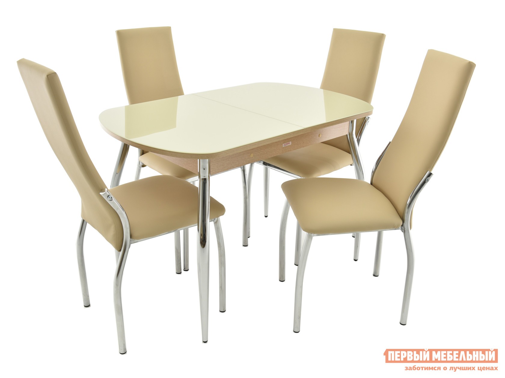 Обеденная группа для столовой и гостиной  Ривьера + 4 стула Асти Батлер 02, экокожа / Дуб выбеленный, ЛДСП / Молочный, стекло