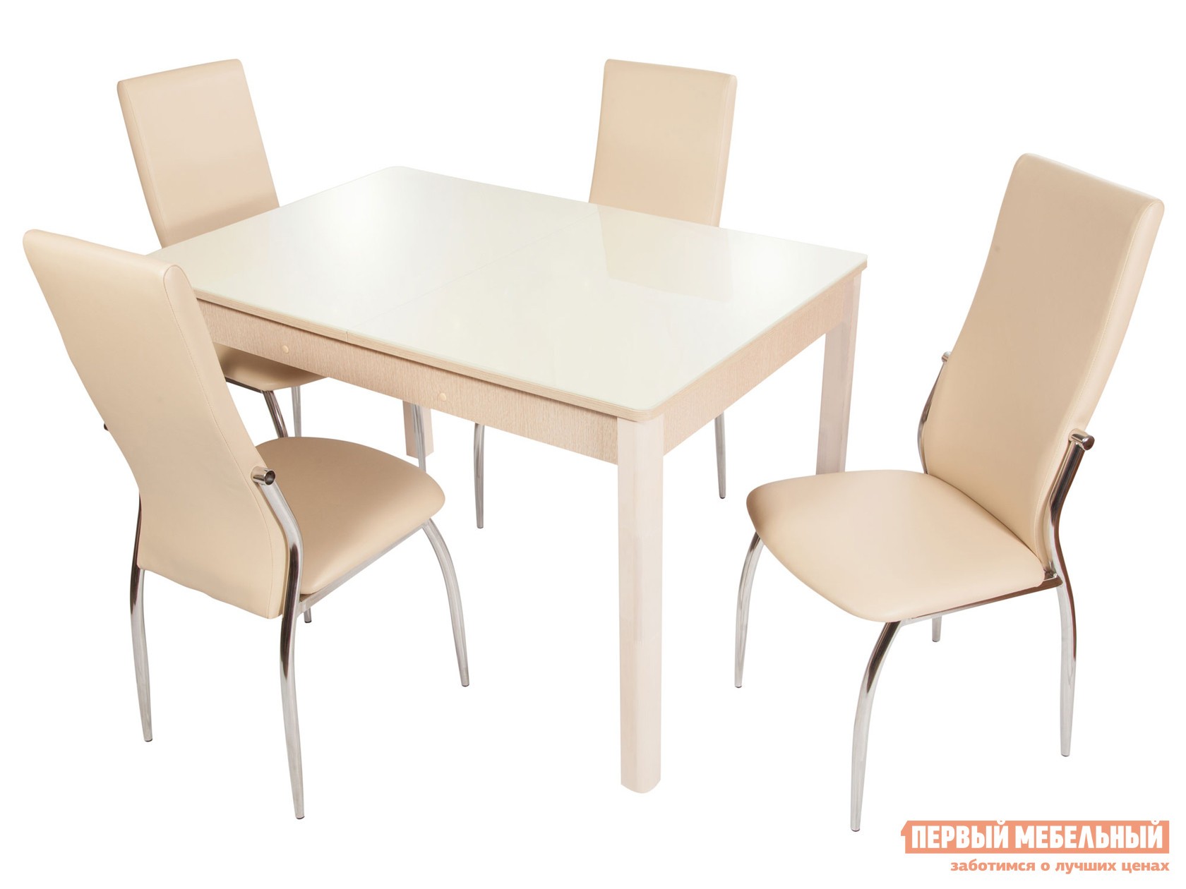 Обеденная группа для столовой и гостиной  Гамбург + 4 стула Мартини Батлер 02, экокожа / Дуб выбеленный, ЛДСП / Молочный, стекло