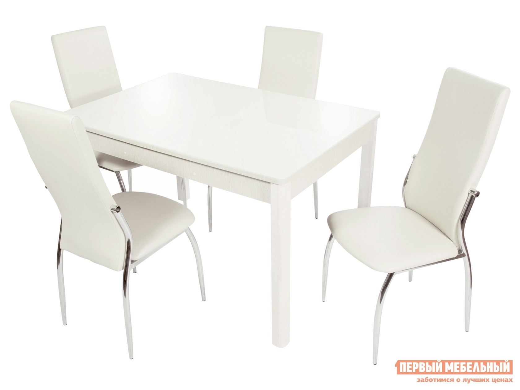 Обеденная группа для столовой и гостиной  Гамбург + 4 стула Мартини Батлер 08, экокожа / Белый, ЛДСП / Белый, стекло