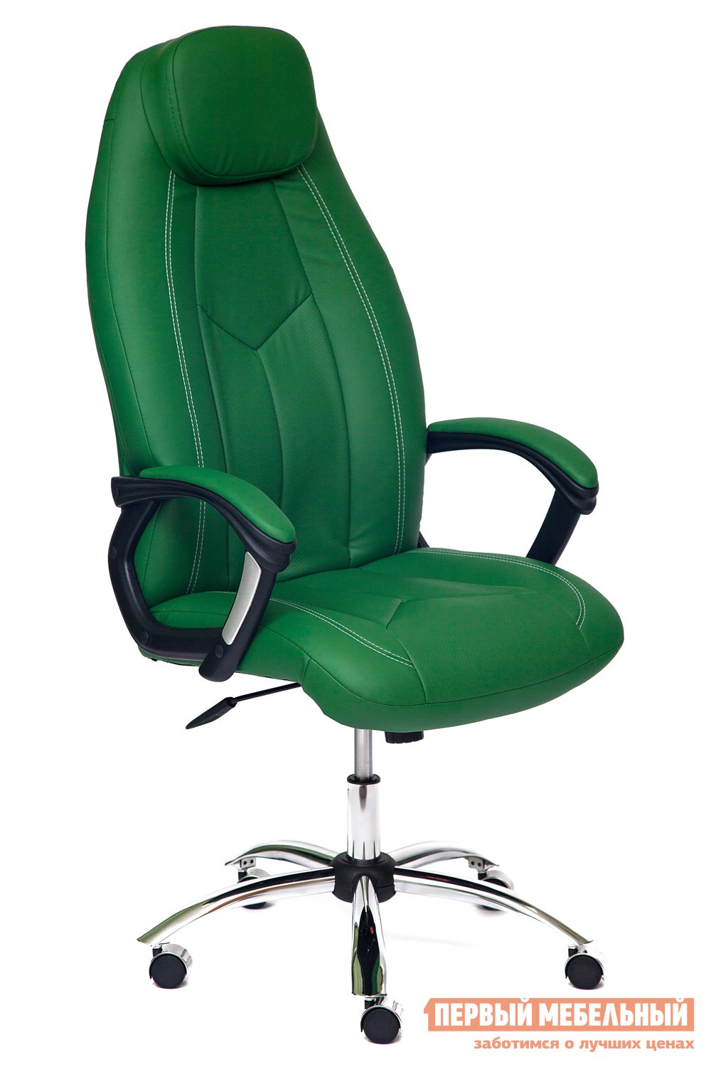 Кресло руководителя  BOSS (хром) Зеленый с перфорацией, иск.кожа